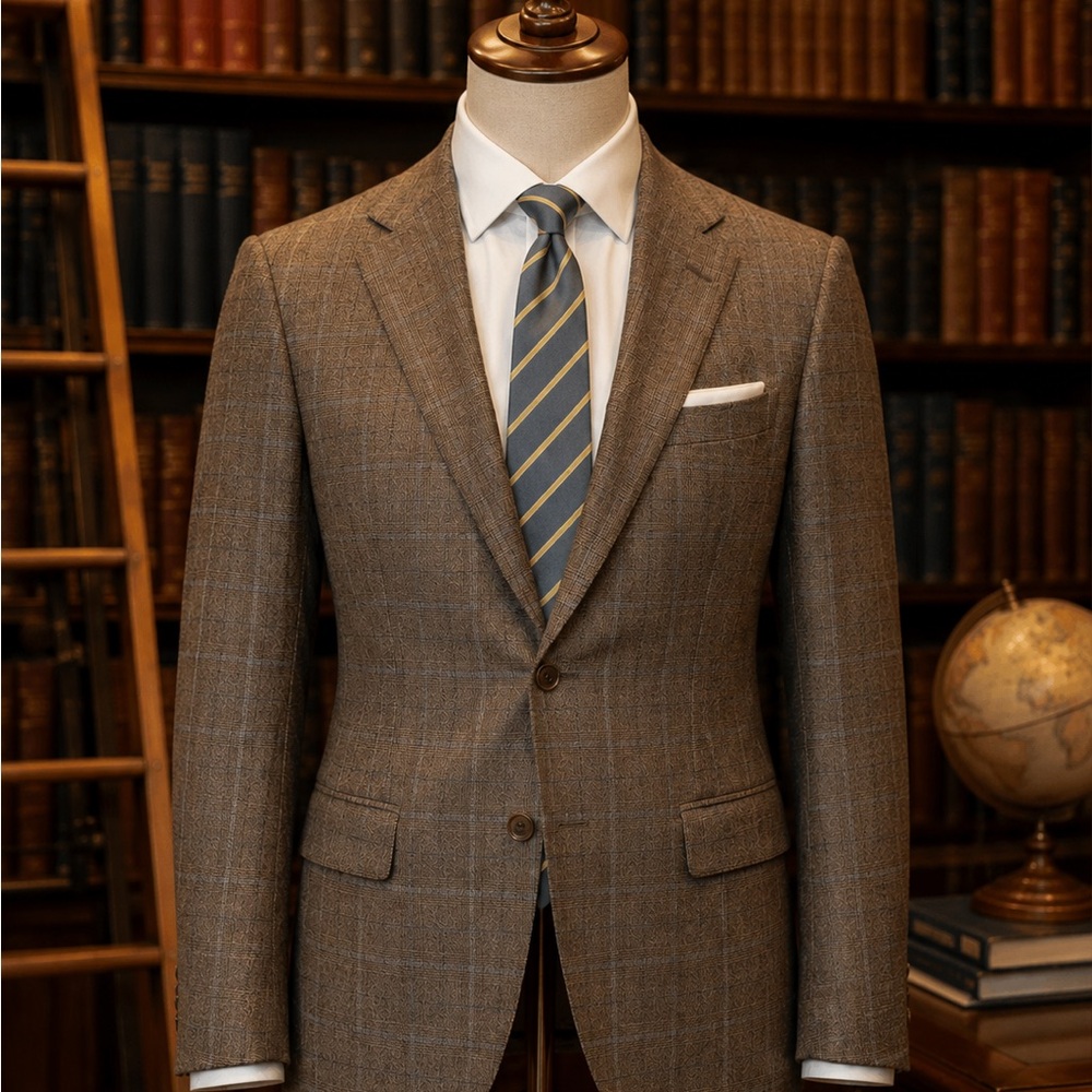 Kiton 100% Cashmere Sandstone Suit with Subtle Blue Windowpane + Kiton Silk Tie